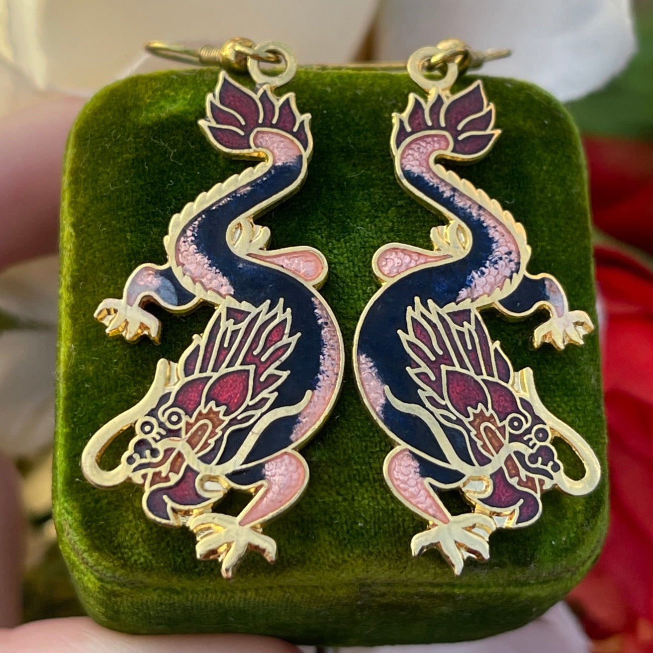 Vintage Cloisonné Mystical Black Pink Dragon Dropper Earrings