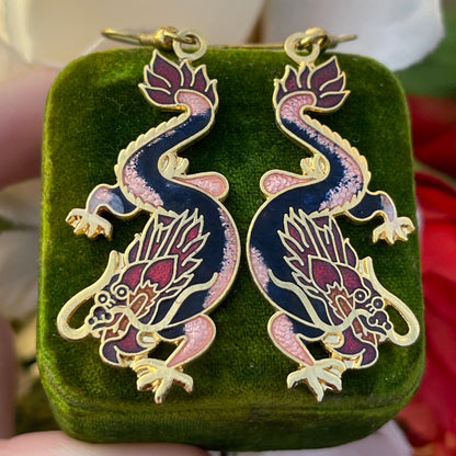 Vintage Cloisonné Mystical Black Pink Dragon Dropper Earrings
