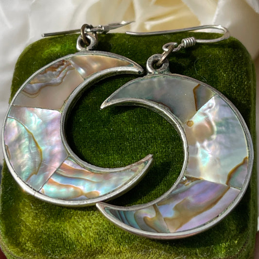 Vintage Silver Abalone Crescent Moon Drop Earrings