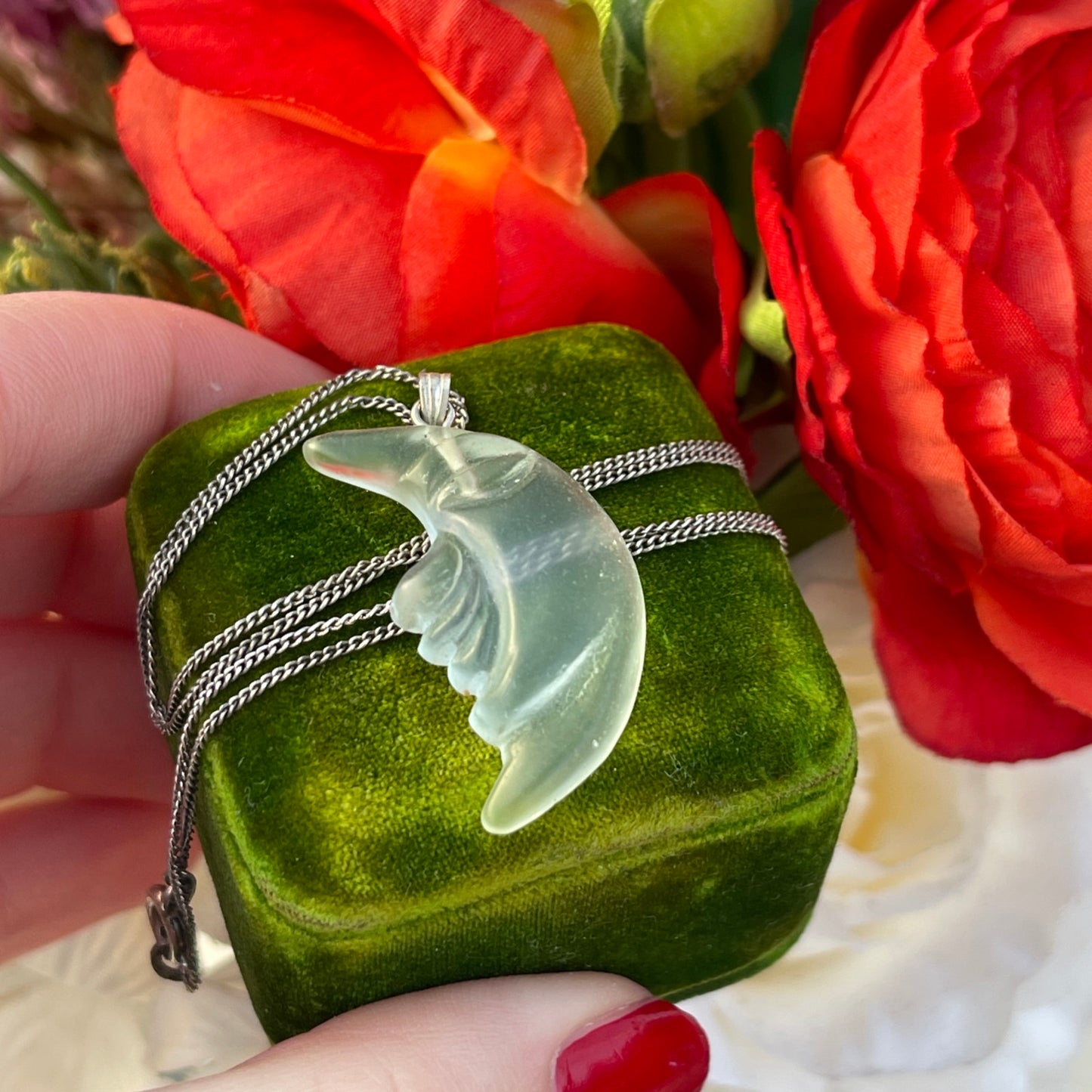 Vintage Sterling Silver Glass Moon Face Pendant Necklace