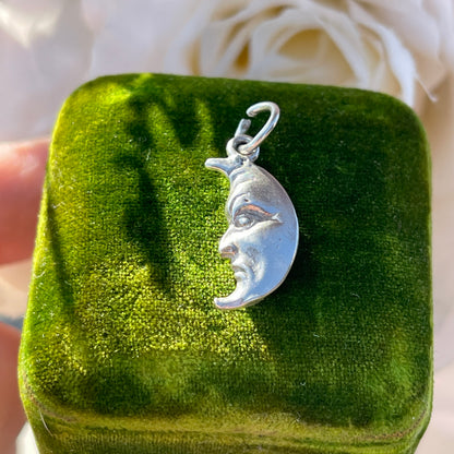 Sterling Silver Vintage Crescent Moon Face Charm Double Sided