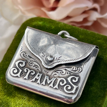 Antique Edwardian 1905 Sterling Silver Stamp Holder Envelope Pendant Charm