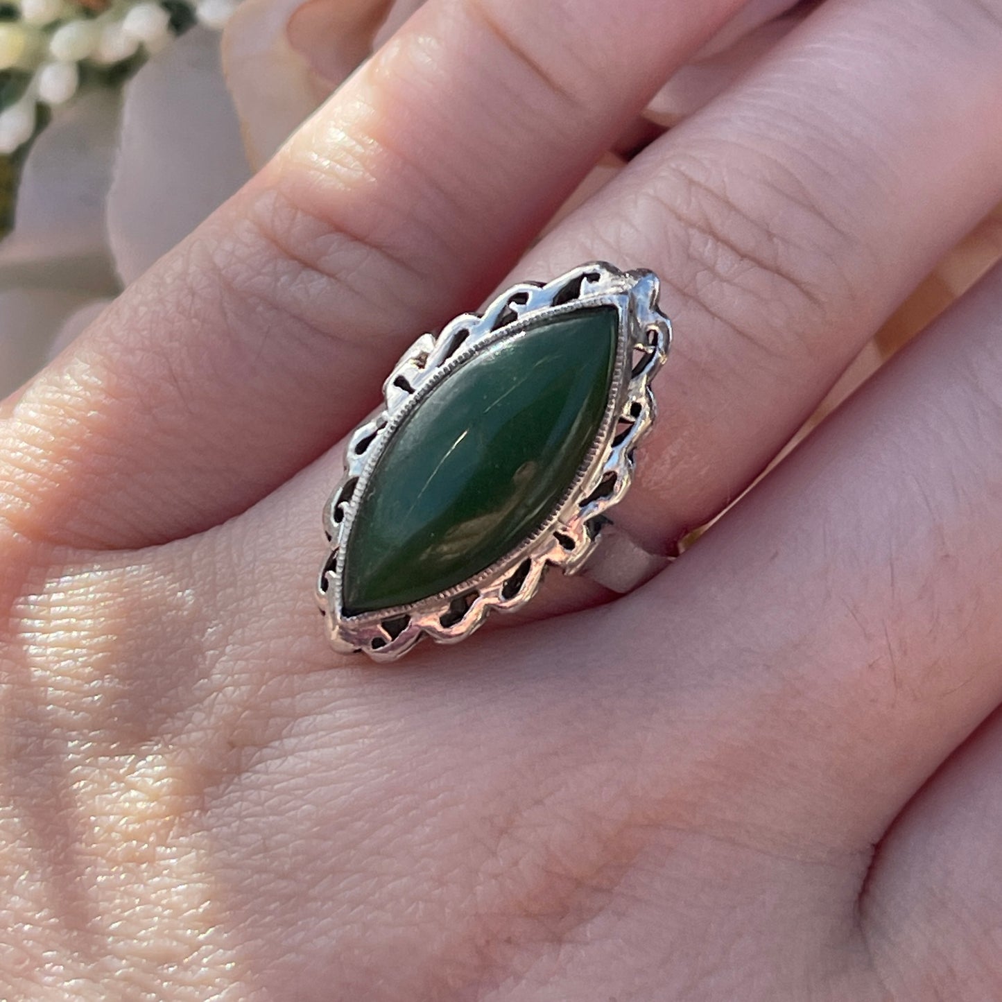 Antique Sterling Silver Large Navette Nephrite Jade Ring UK Q 5g