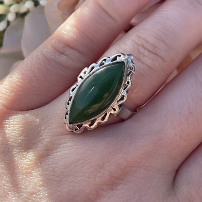 Antique Sterling Silver Large Navette Nephrite Jade Ring UK Q 5g
