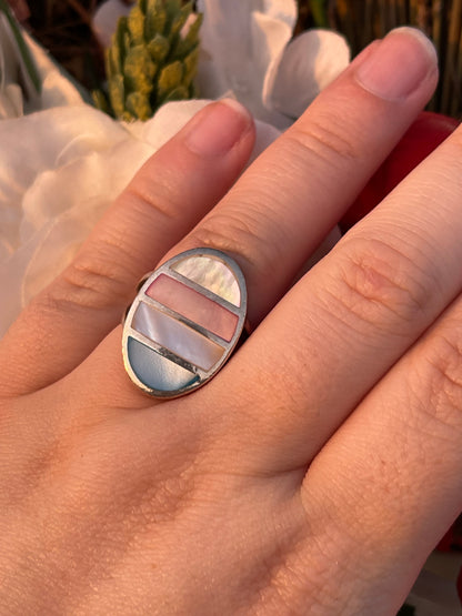 Vintage Sterling Silver Mother Of Pearl Quad Tone Ring Earrings Pendant Set