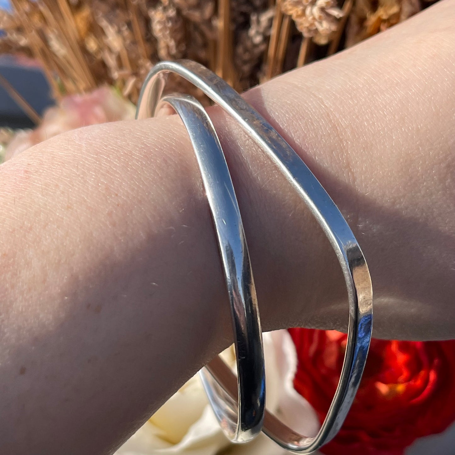Sterling Silver Linked Bangles Circle Square Heavy 17g