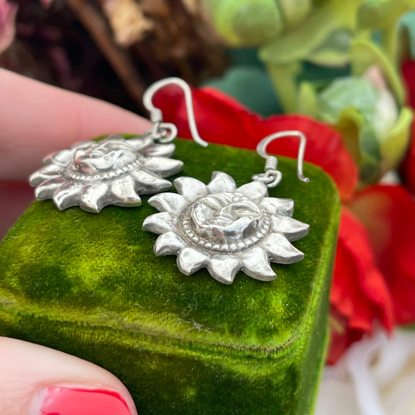 Vintage Sterling Silver Sun Face Earrings Celestial 90s