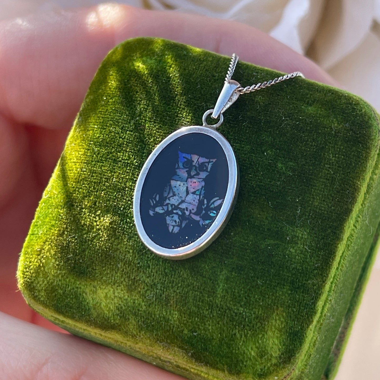 Vintage Sterling Silver Opal Mosaic Inlay Owl Pendant Necklace