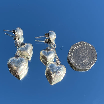 Vintage Silver Puffy Heart Charm Earrings