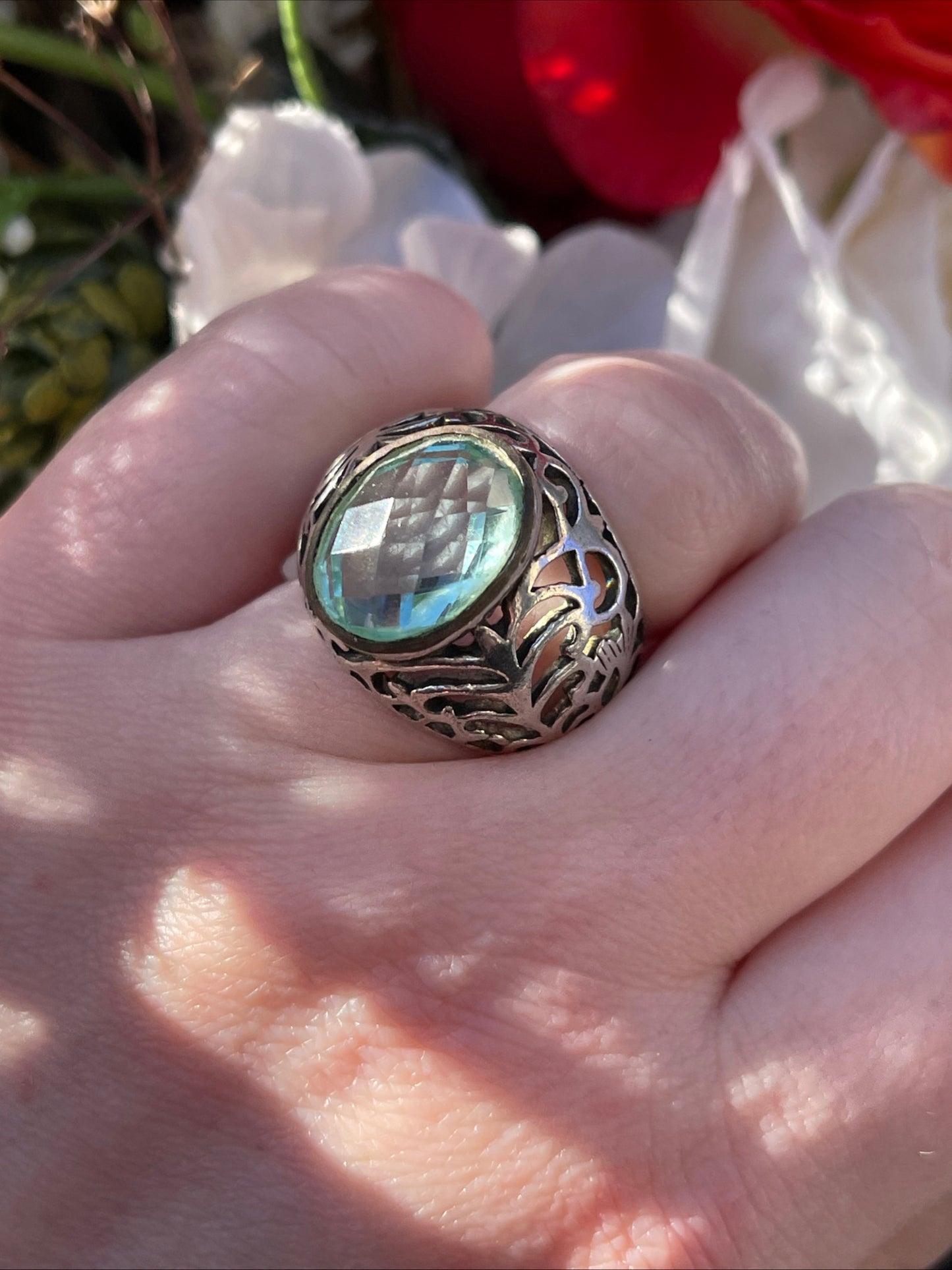 Vintage Sterling Silver Openwork Chunky Ring Blue Stone P-Q Heavy 8.7g