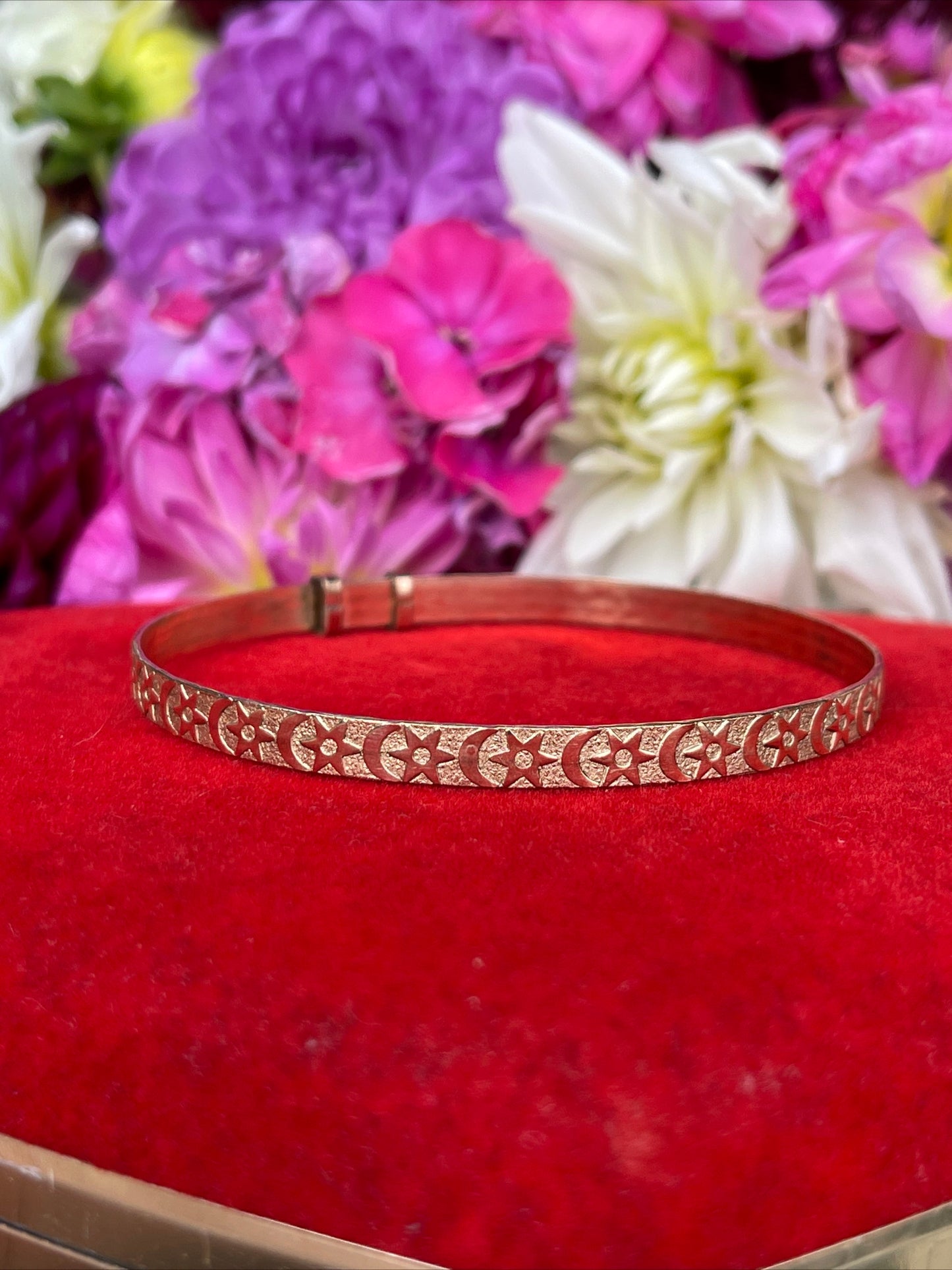 Vintage Rolled Gold Stars Moons Etched Bangle Bracelet