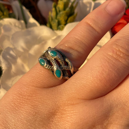 Vintage Antique Sterling Silver Turquoise triple snake ring N