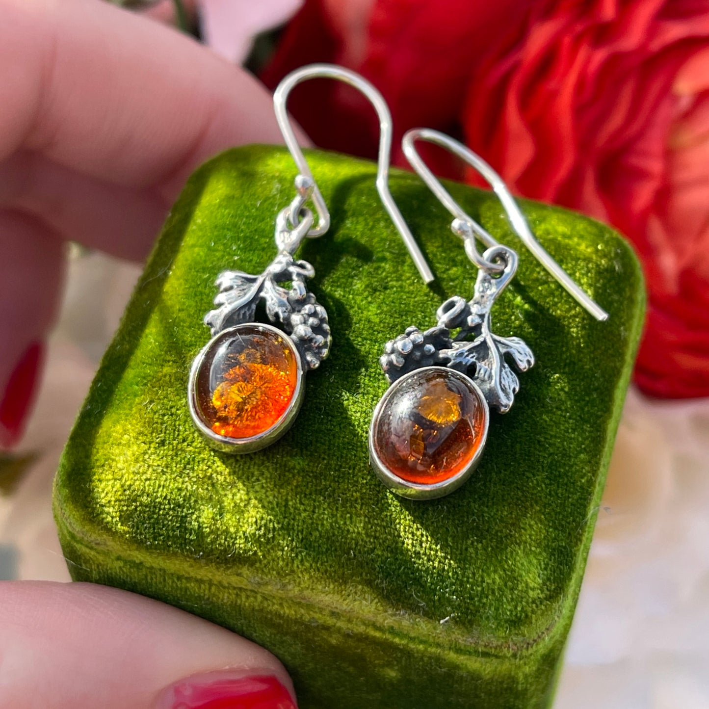 Vintage Sterling Silver Amber Grape Vine earrings