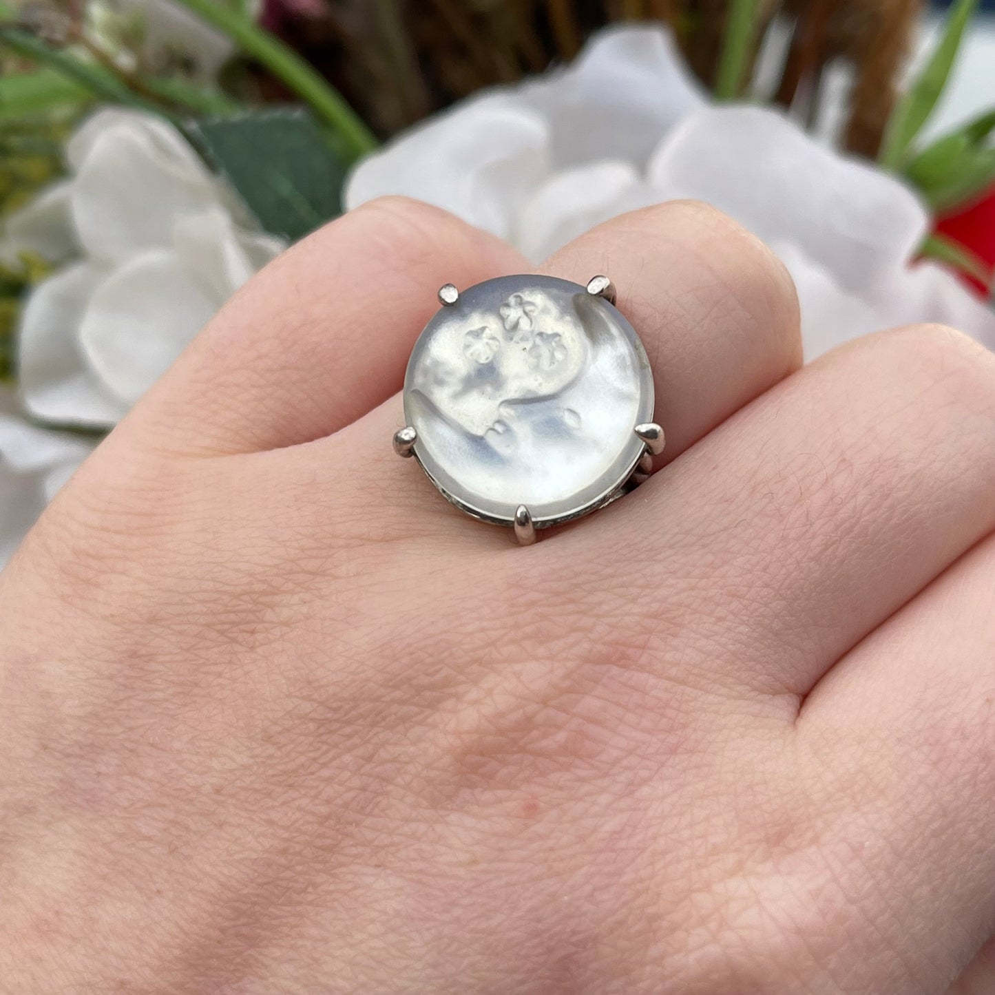 Sterling Silver Iridescent Moon & Stars Ring Vintage Celestial Style Q