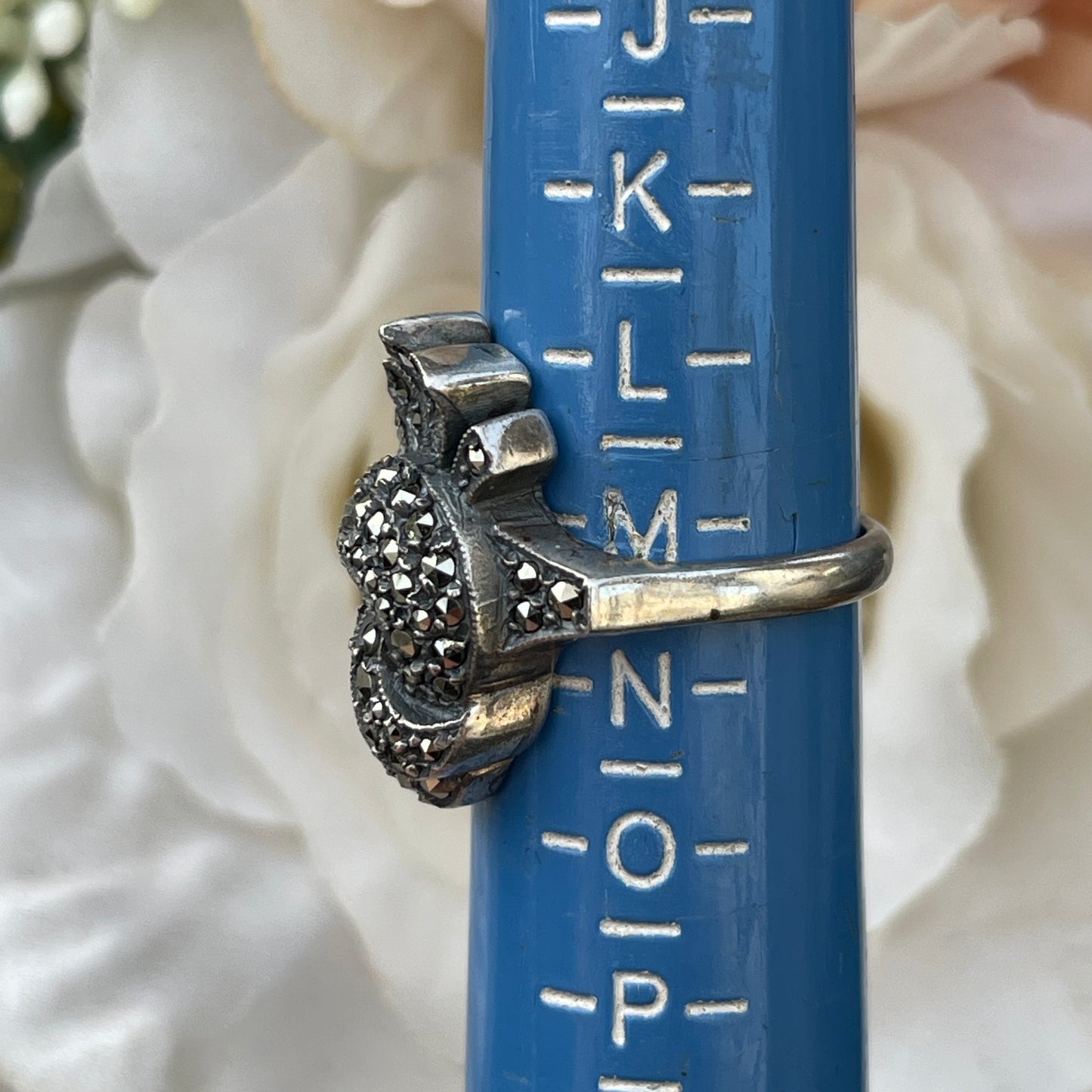 Unreleased: Art Deco Sterling Silver Marcasite Twist Fan Ring M