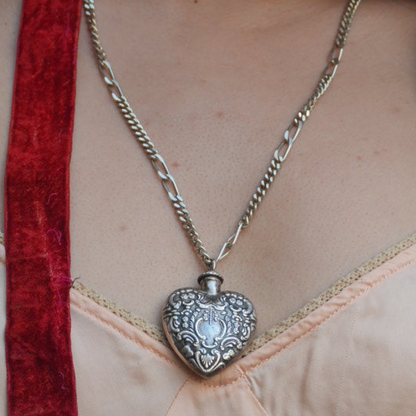 Unreleased: Vintage Sterling Silver Heart Perfume Bottle Pendant On 1970s Figaro Chain