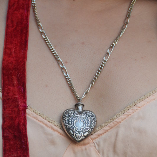 Unreleased: Vintage Sterling Silver Heart Perfume Bottle Pendant On 1970s Figaro Chain