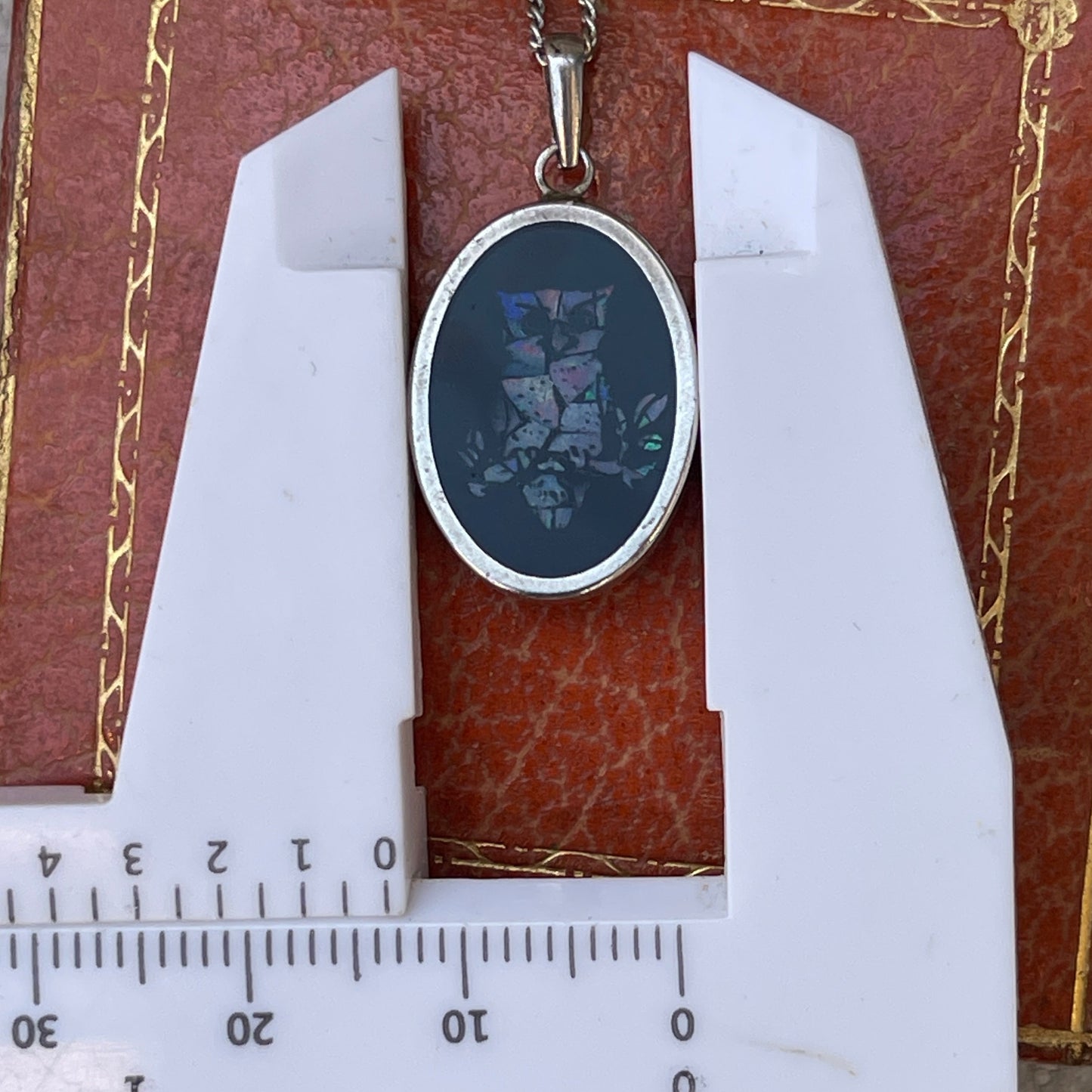 Vintage Sterling Silver Opal Mosaic Inlay Owl Pendant Necklace