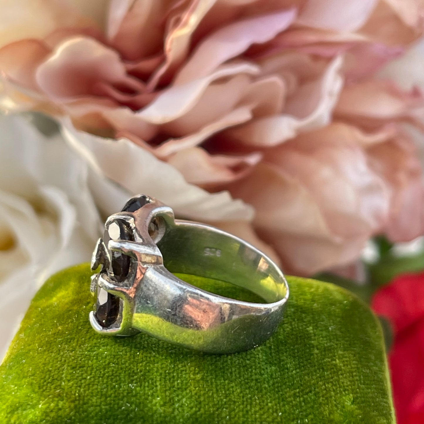 Vintage Sterling Silver Chunky Smoky Quartz Quad Ring Statement 925 L Heavy 6g