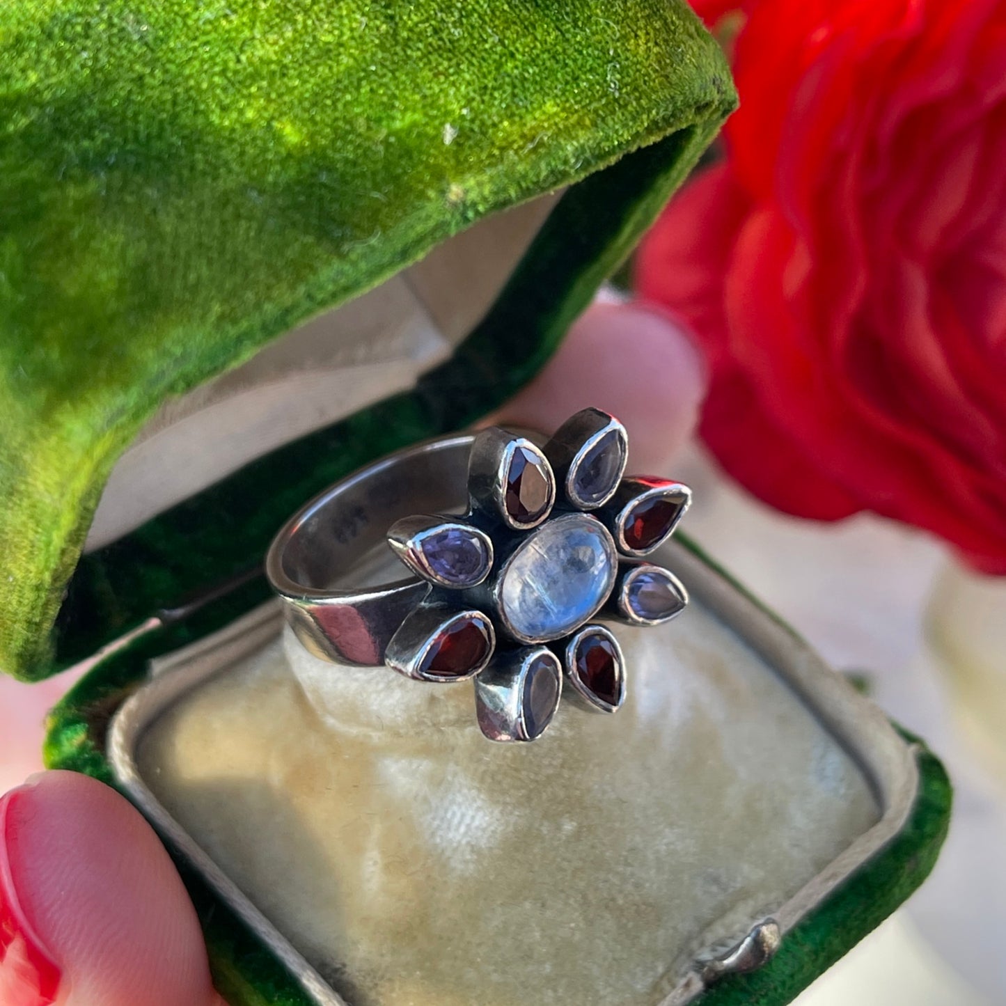 Sterling Silver Moonstone Amethyst Garnet Crystal Flower Ring M