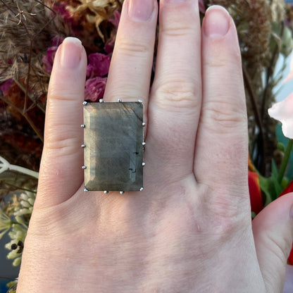 Vintage Sterling Silver Huge XXL Labradorite Ring Rectangular O-P