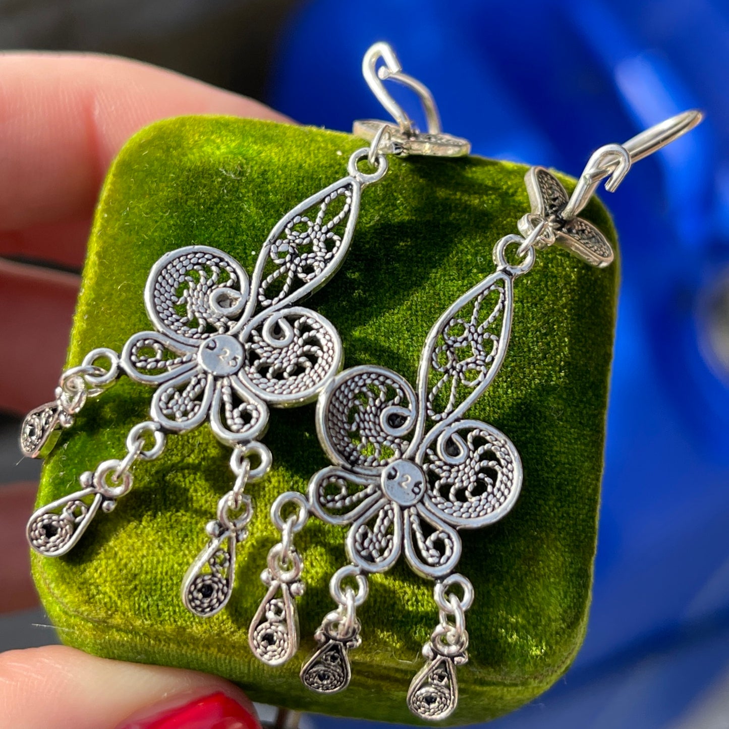 Vintage Sterling Silver Fleur De Lis Filigree earrings Tassel Chandelier Large