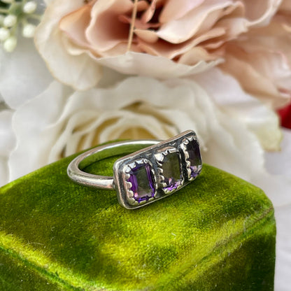 Unreleased: Antique Sterling Silver Triple Rectangular Stone Amethyst Ring P