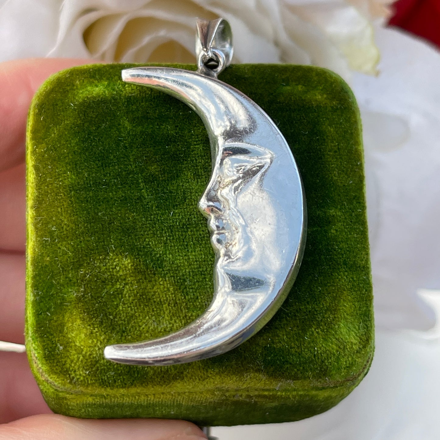 Unreleased: Vintage Large Sterling Silver Crescent Moon Face Pendant