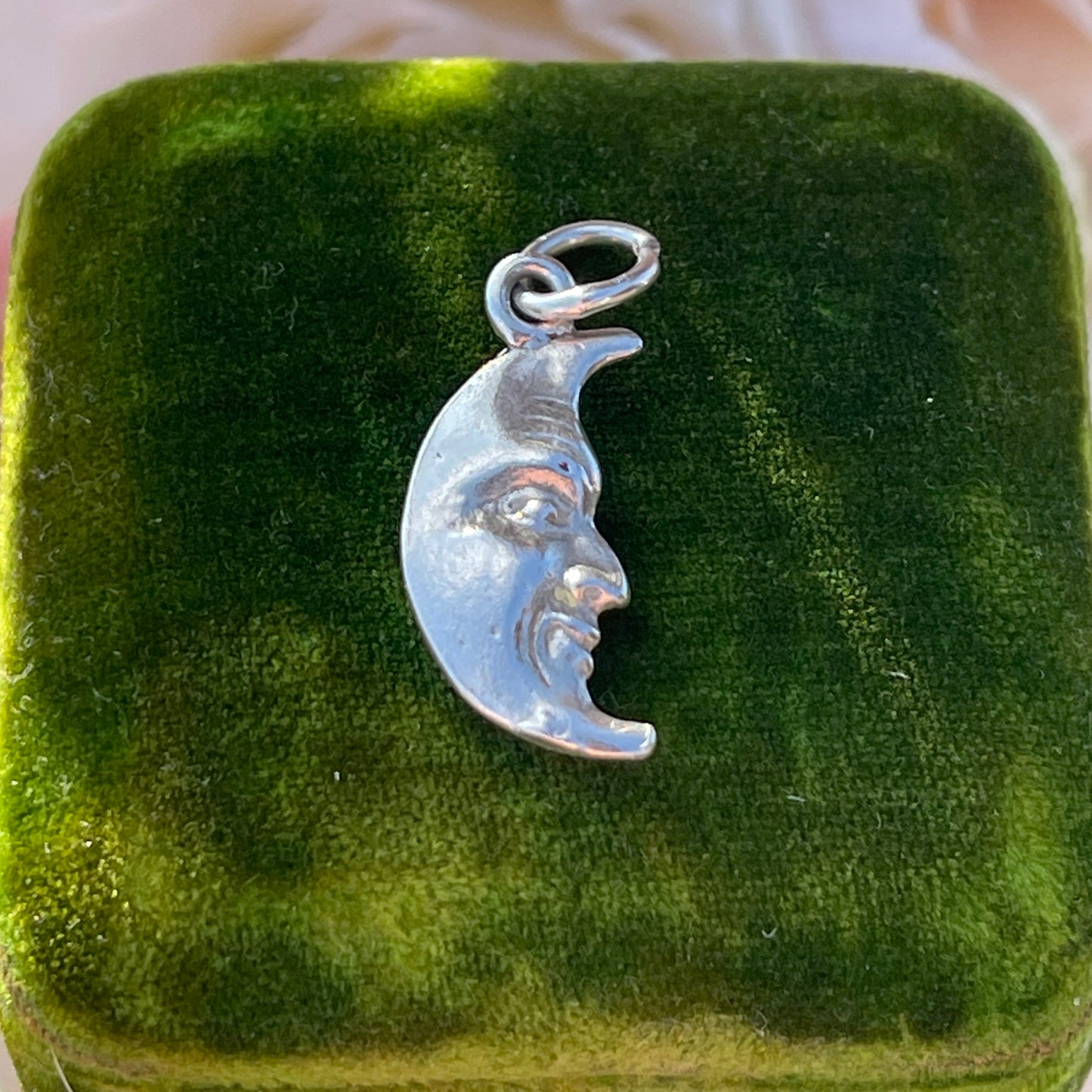 Sterling Silver Vintage Crescent Moon Face Charm Double Sided