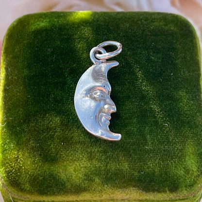 Sterling Silver Vintage Crescent Moon Face Charm Double Sided