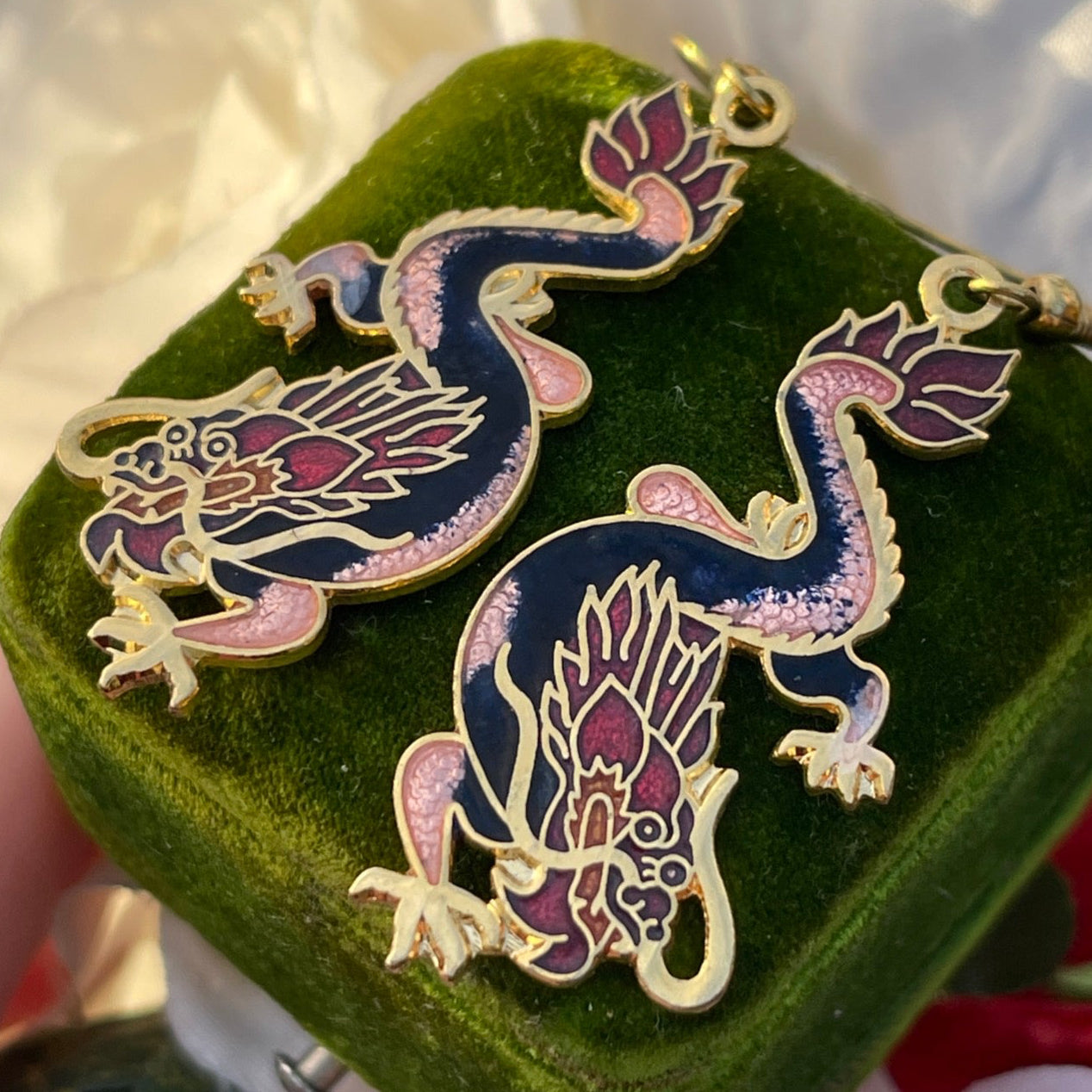 Vintage Cloisonné Mystical Black Pink Dragon Dropper Earrings