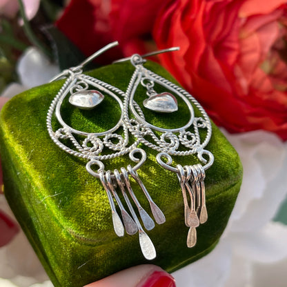 Vintage Sterling Silver Heart Charm Filigree Tear Drop Tassel Chandelier Earrings