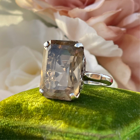 Antique Victorian Sterling Silver Large Smoky Quartz ring Emerald Cut L 5.6g