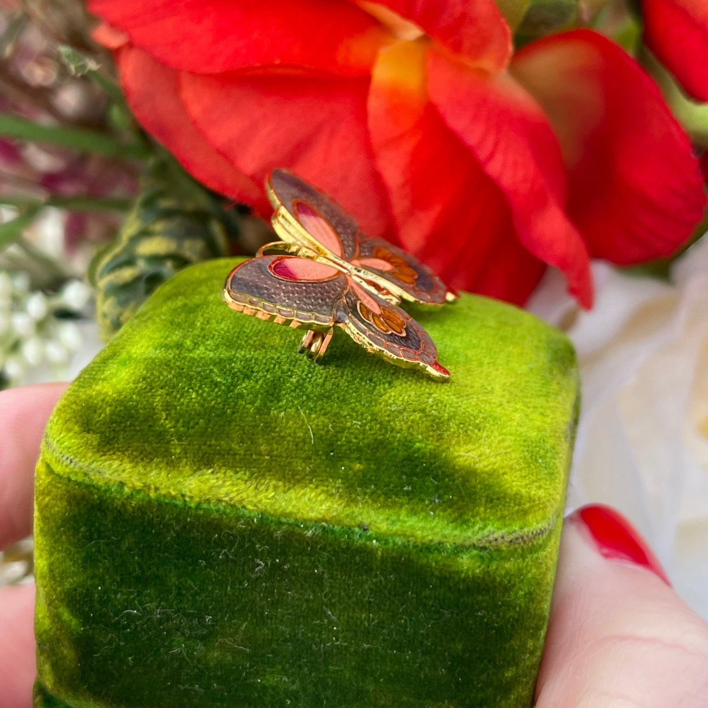 Vintage Gold Plated Cloisonné Butterfly Enamel Brooch