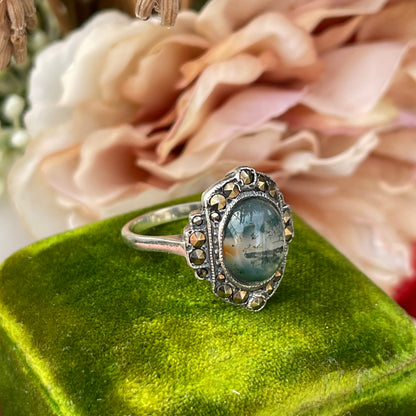 Unreleased: Art Deco Sterling Silver Moss Agate Ring M