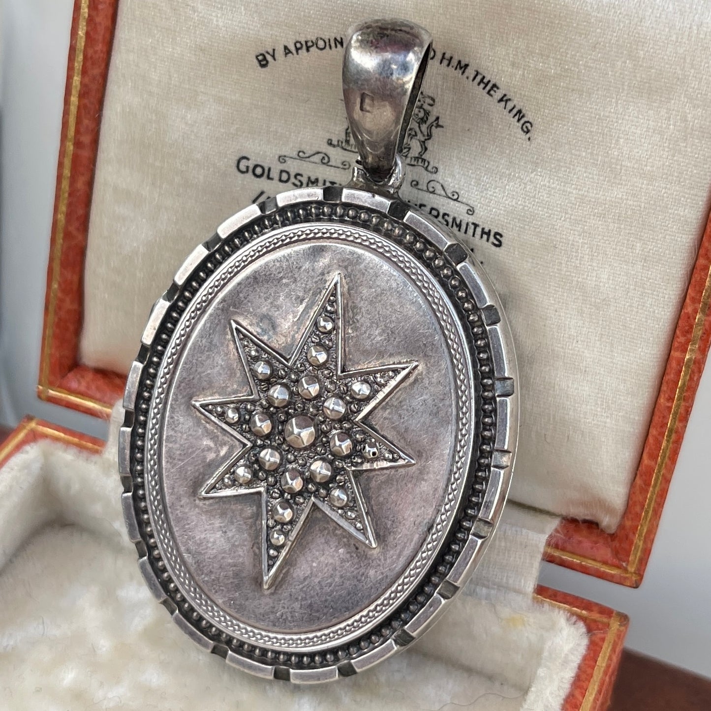 Antique Victorian Sterling Silver Star & Swallow Locket Pendant 1882