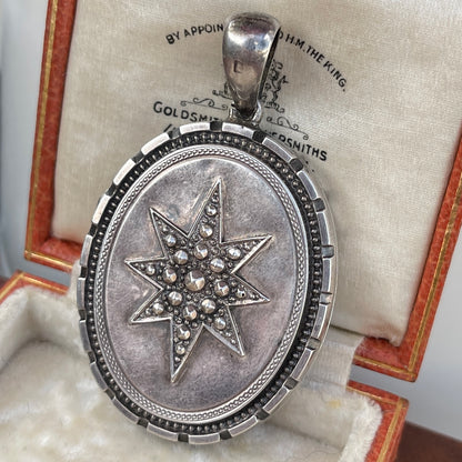 Antique Victorian Sterling Silver Star & Swallow Locket Pendant 1882