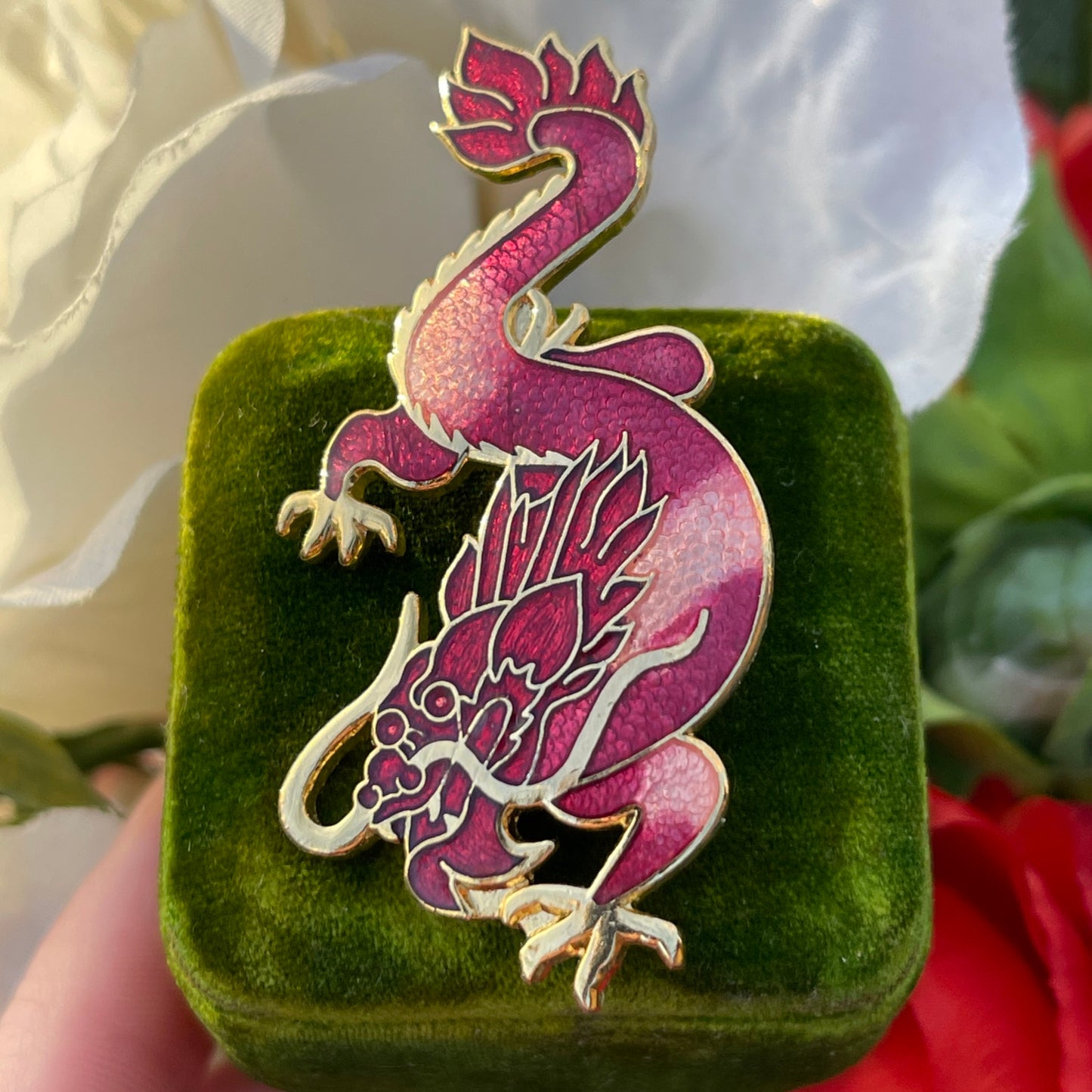 Vintage Gold Plated Cloisonné Enamel Red Pink Dragon Whimsical Brooch Badge