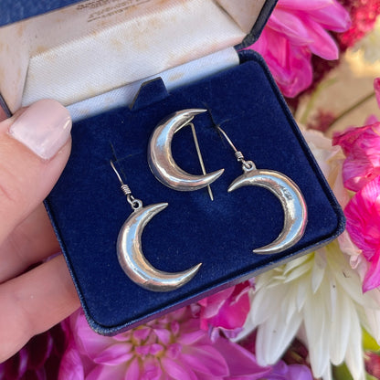 Antique Victorian Silver Moon Earrings & Brooch Set