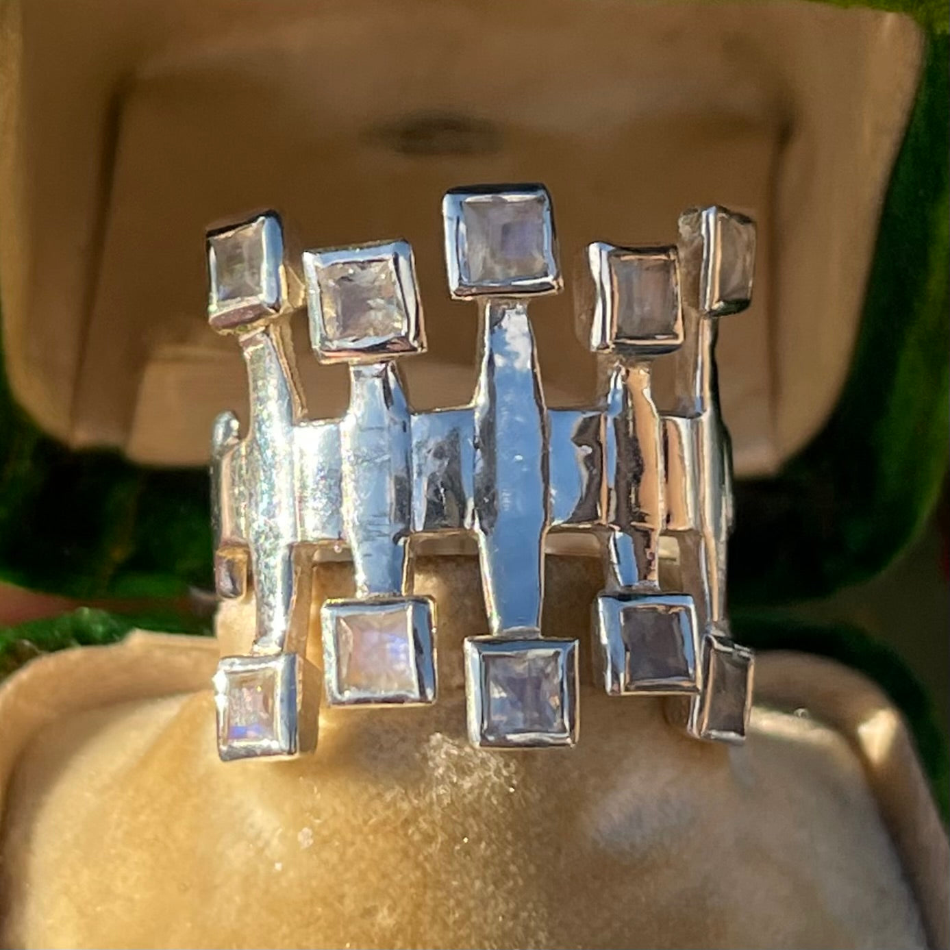 Vintage Sterling Silver Moonstone Square Modernist Statement Ring P