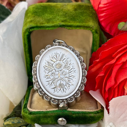 Antique Victorian Floral Sterling Silver Locket Pendant 1881