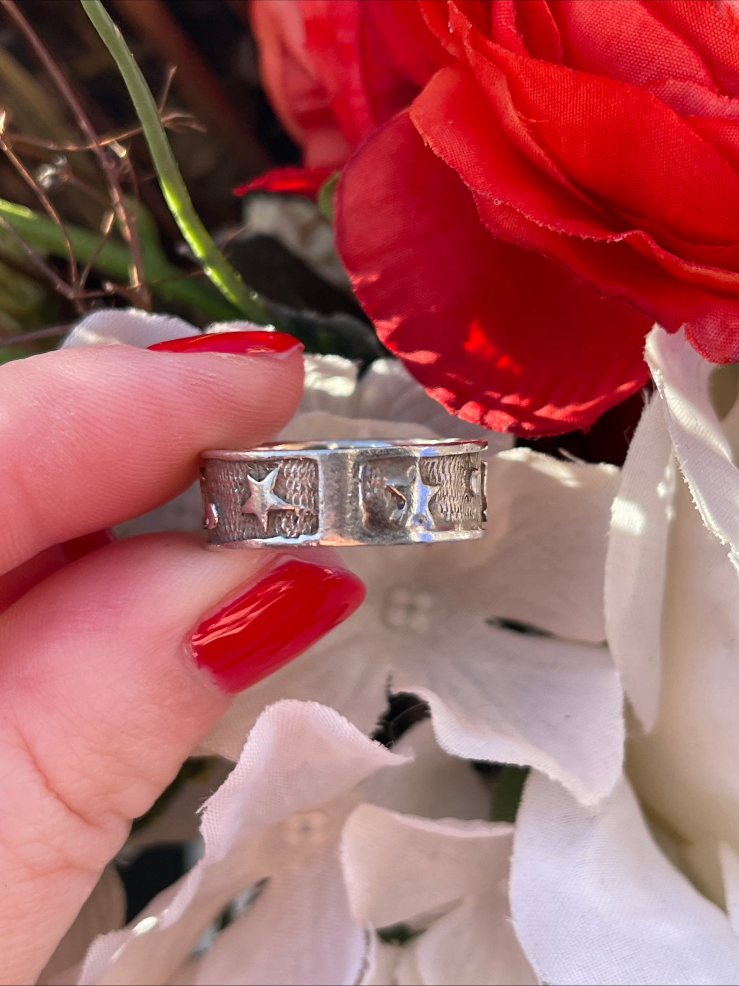 Vintage Sterling Silver Celestial Ring Moon Stars Chunky Q-R