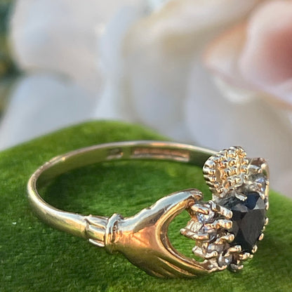 Vintage 9ct Gold Claddagh Ring heart hands Crown Sapphire Q R 2g