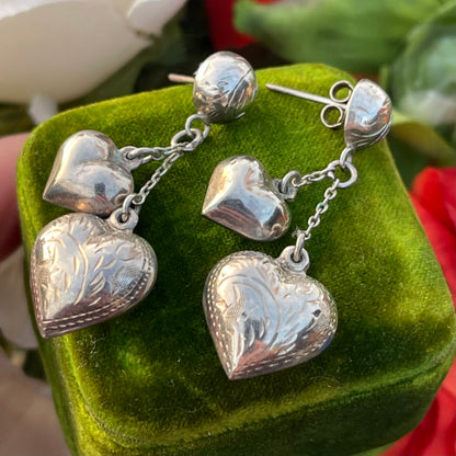 Vintage Sterling Silver Puffy Heart Charm Earrings