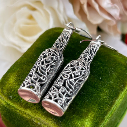 Vintage Sterling Silver Filigree Wine Bottle Drop Earrings