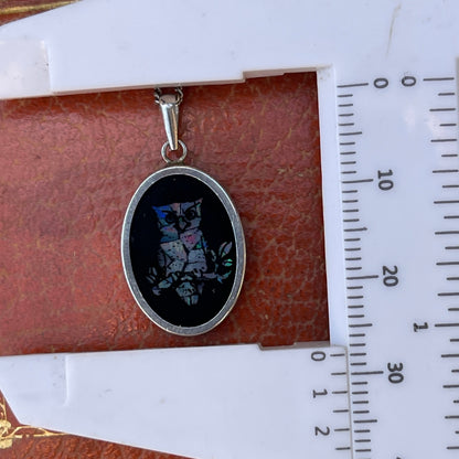 Vintage Sterling Silver Opal Mosaic Inlay Owl Pendant Necklace