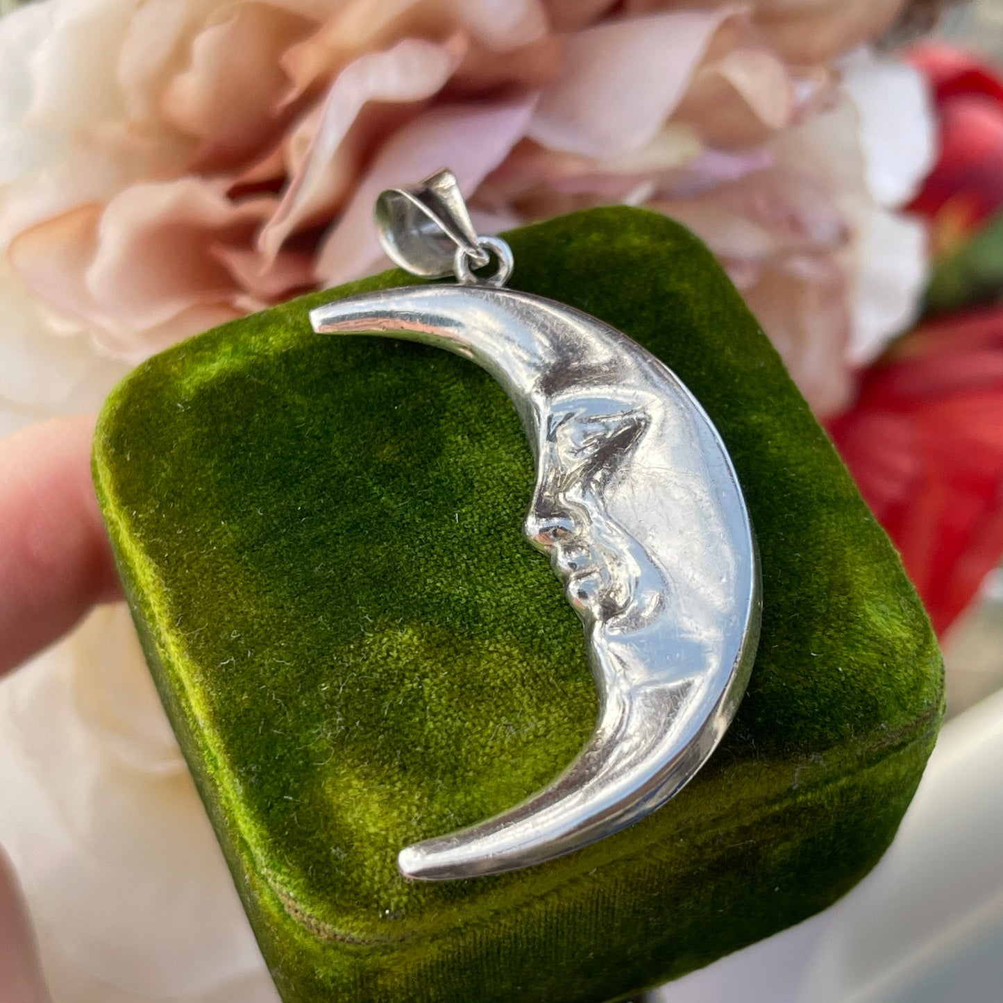 Unreleased: Vintage Large Sterling Silver Crescent Moon Face Pendant