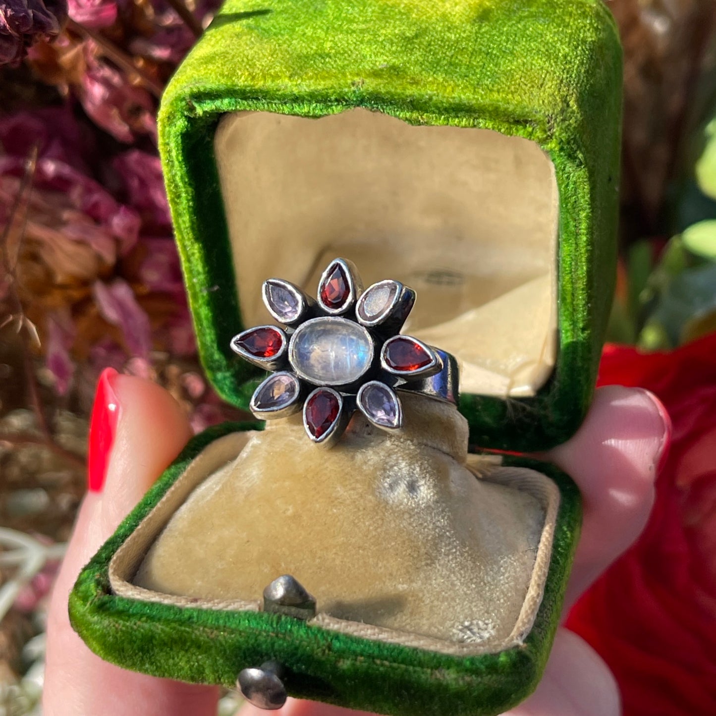Sterling Silver Moonstone Amethyst Garnet Crystal Flower Ring M