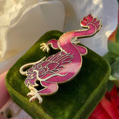 Vintage Gold Plated Cloisonné Enamel Red Pink Dragon Whimsical Brooch Badge