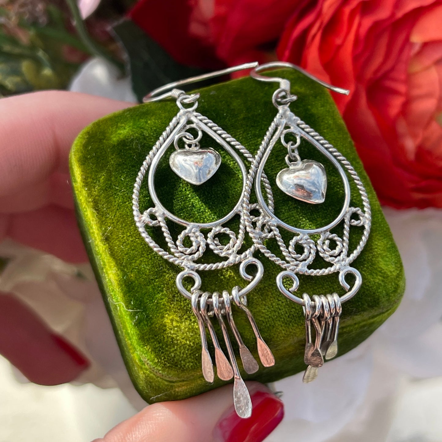 Vintage Sterling Silver Heart Charm Filigree Tear Drop Tassel Chandelier Earrings